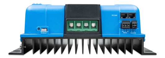 Blue and black power inverter with connectors on a white background