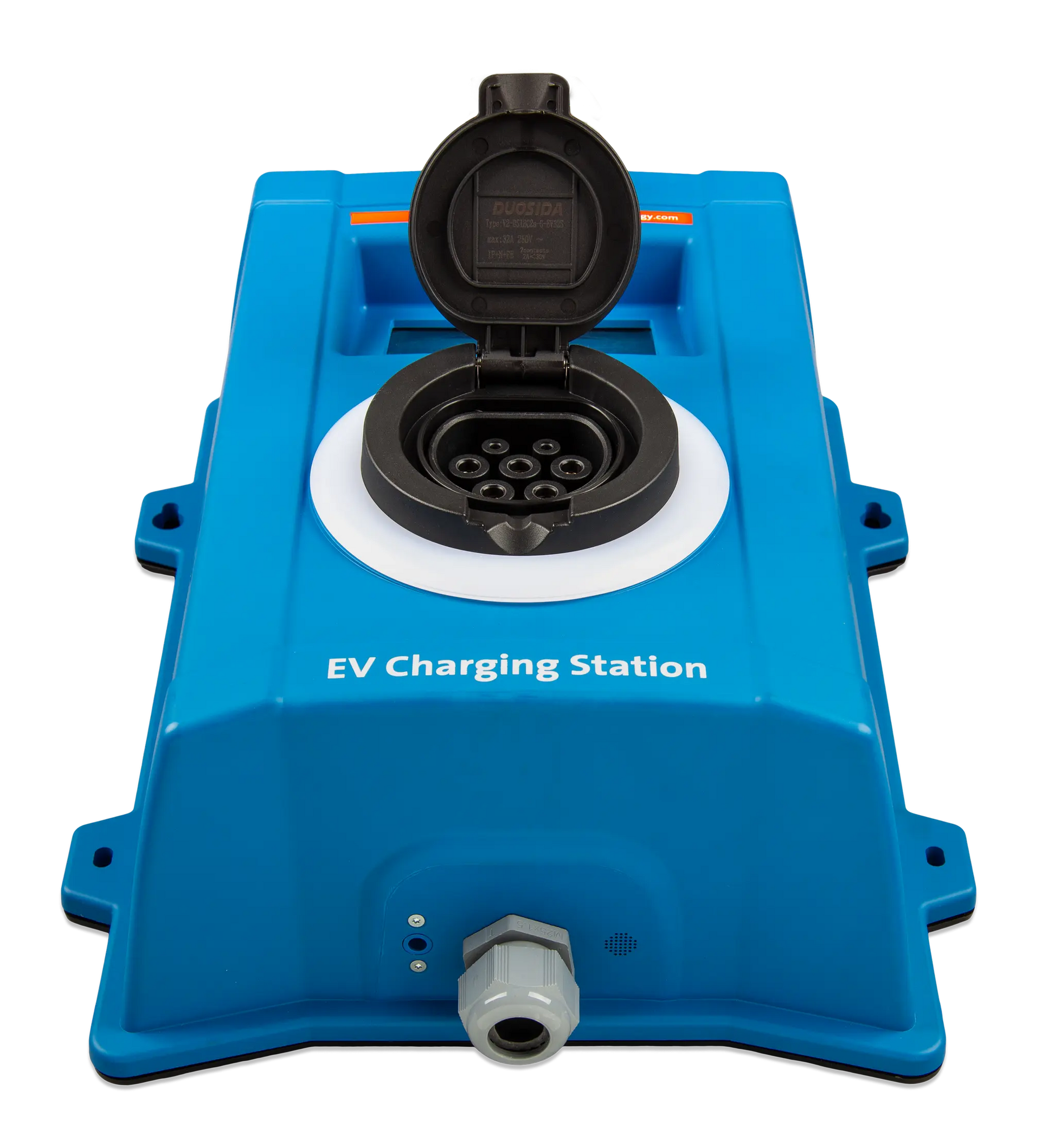 Blue EV charging station with open socket on a white background