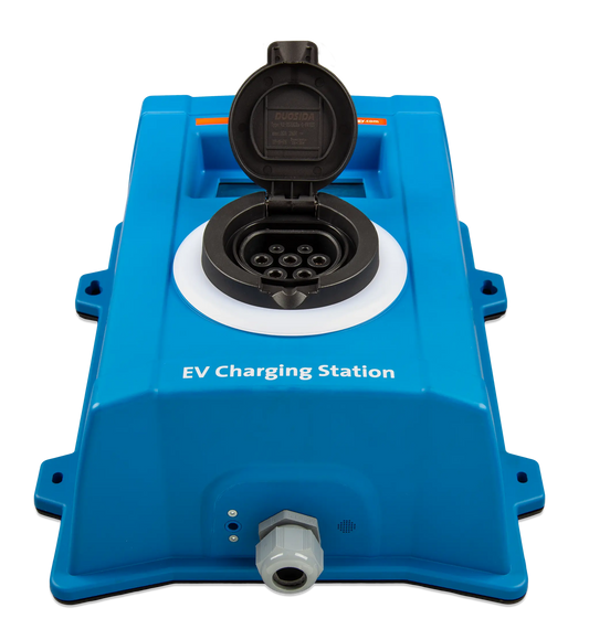 Blue EV charging station with open socket on a white background