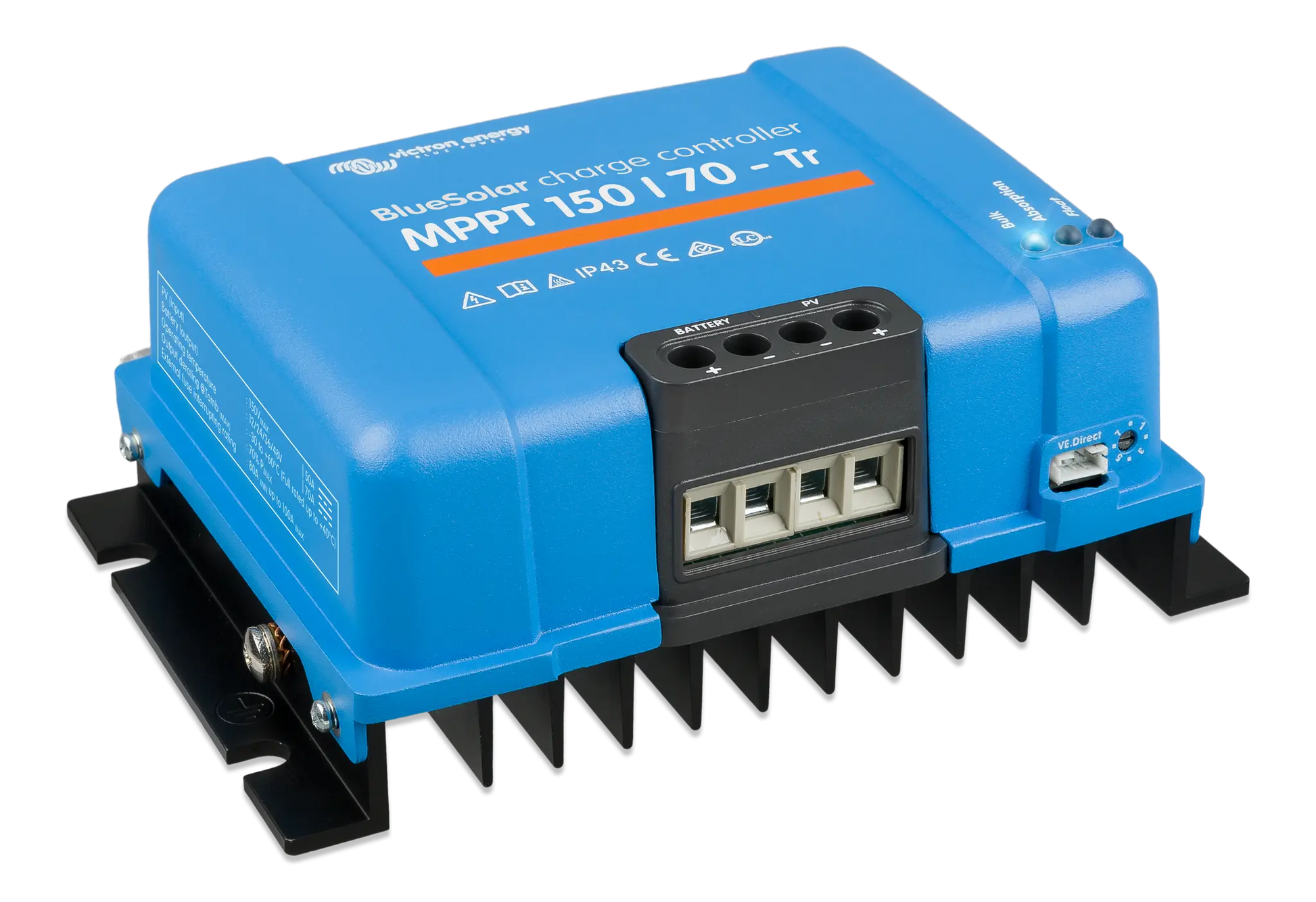 Blue solar charge controller with text on a white background