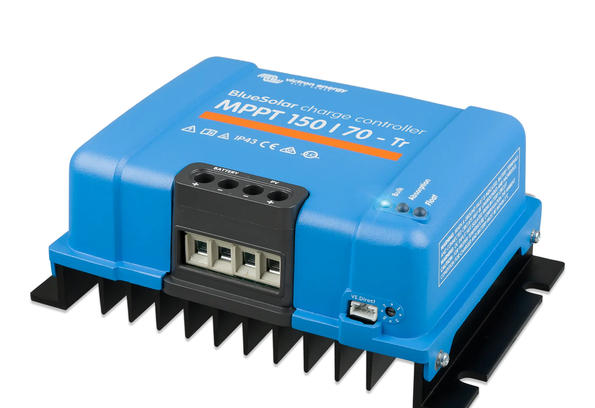 Blue solar charge controller with visible branding on a white background