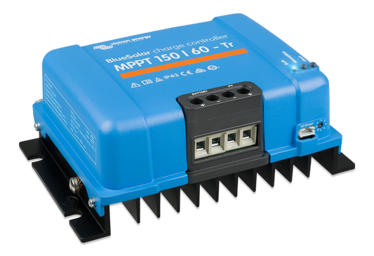 Blue solar charge controller with black connectors on a white background