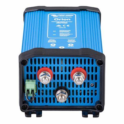 Blue power inverter with visible branding on a white background
