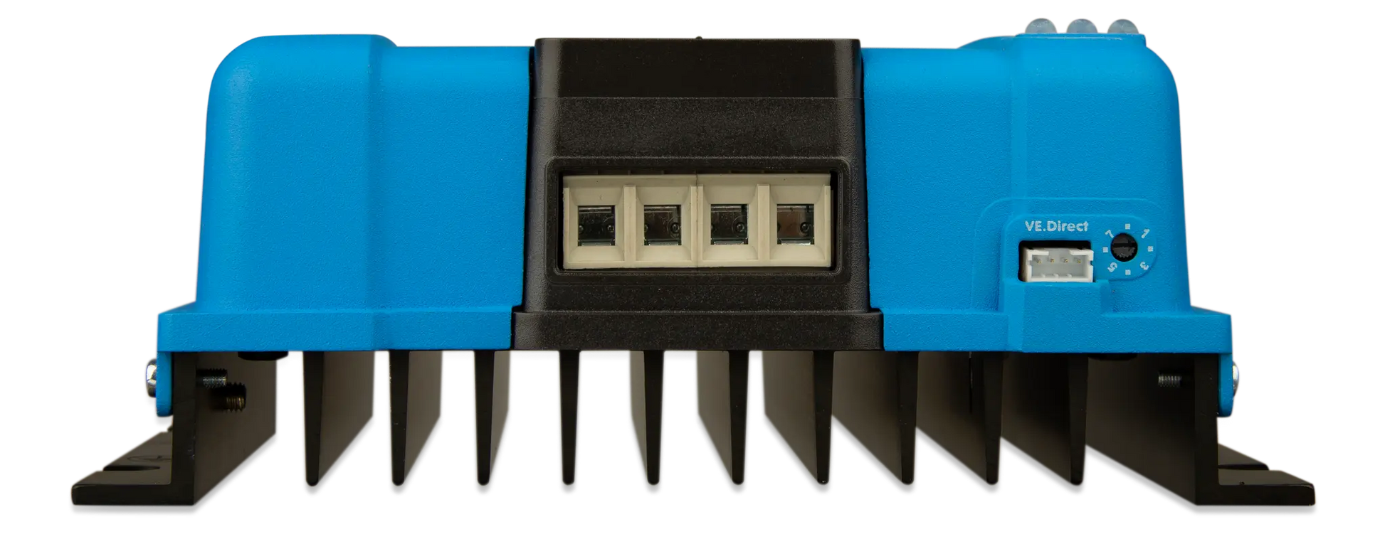 Blue and black machine with a digital display on a white background