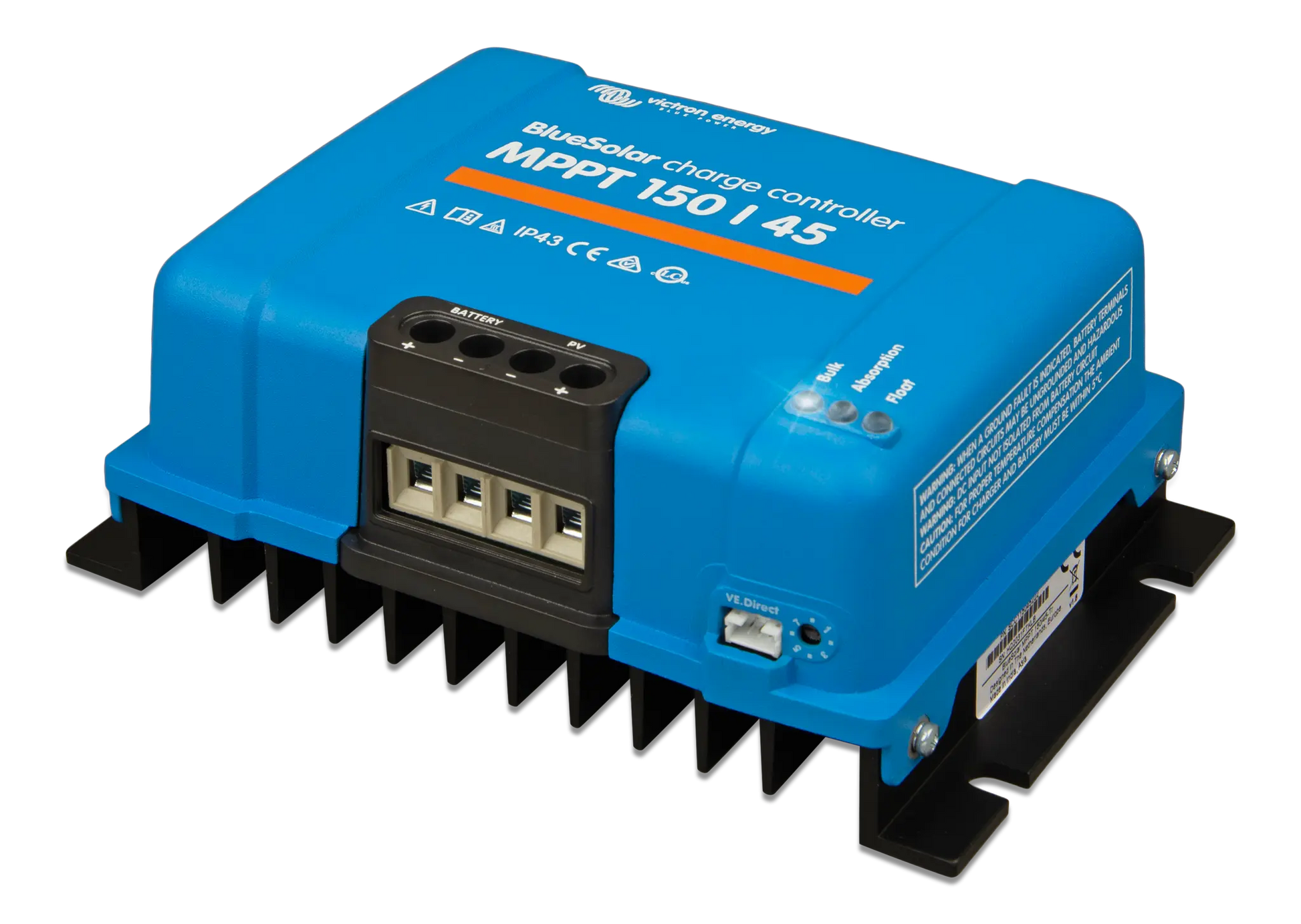 Blue solar charge controller with text on a white background