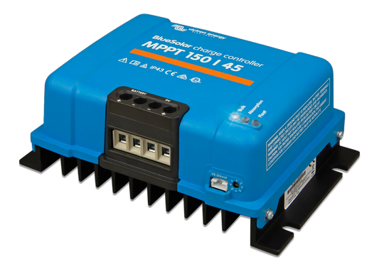 Blue solar charge controller with text on a white background