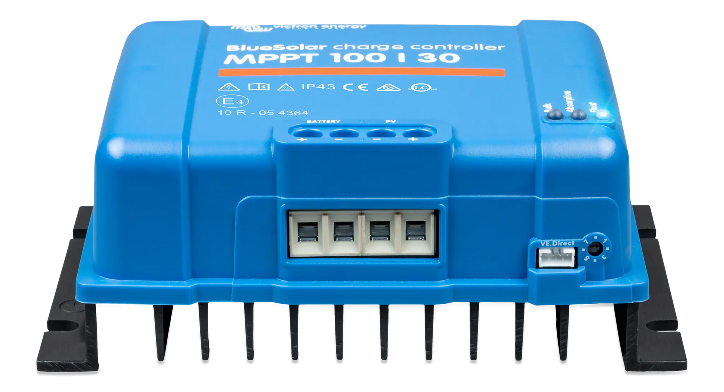 Blue solar charge controller with text on a white background