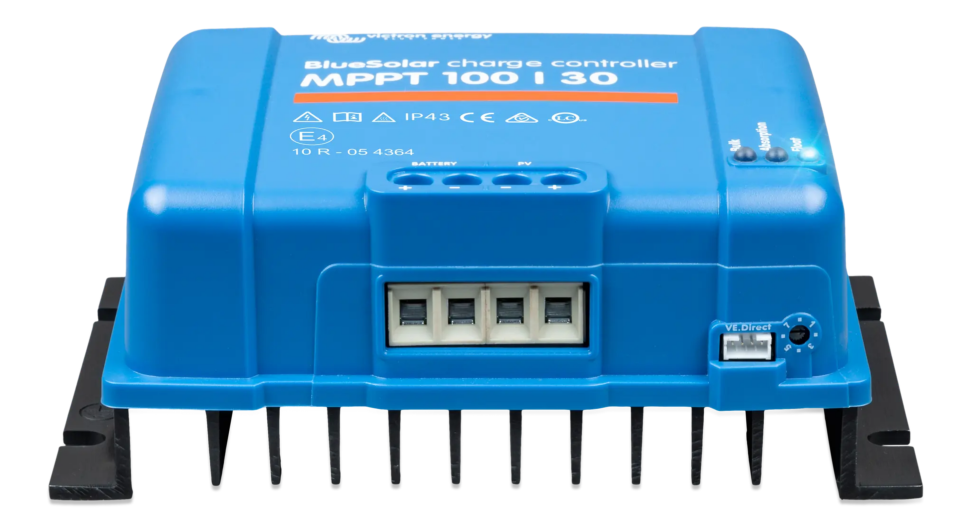 Blue solar charge controller with text on a white background