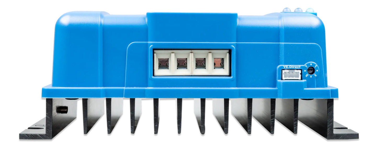 Blue agricultural tool with metal teeth on a white background