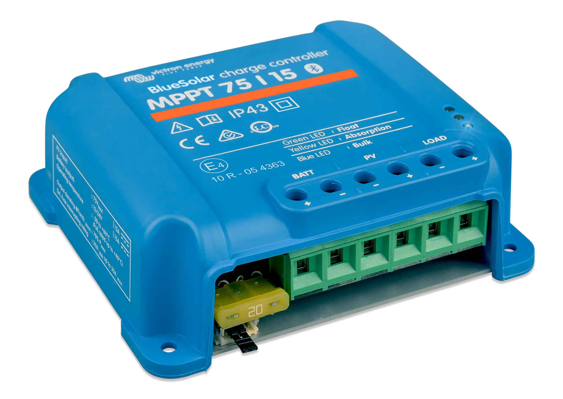 Blue solar charge controller with visible branding on a white background