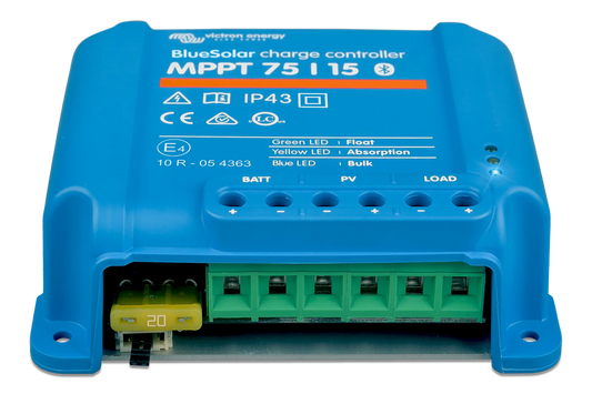 Blue solar charge controller with text and labels on a white background