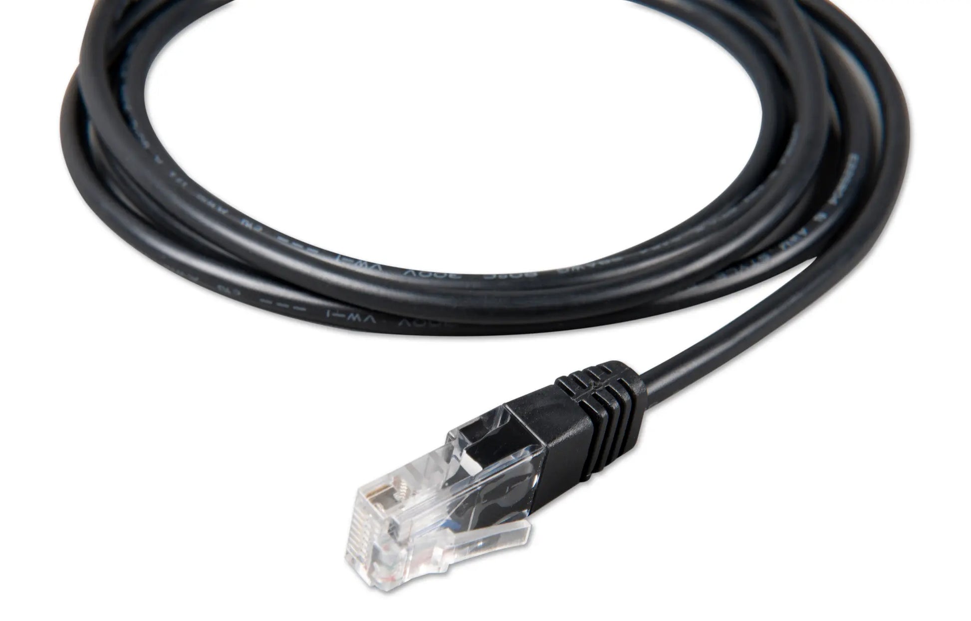 Black Ethernet cable with clear RJ45 connector on a white background