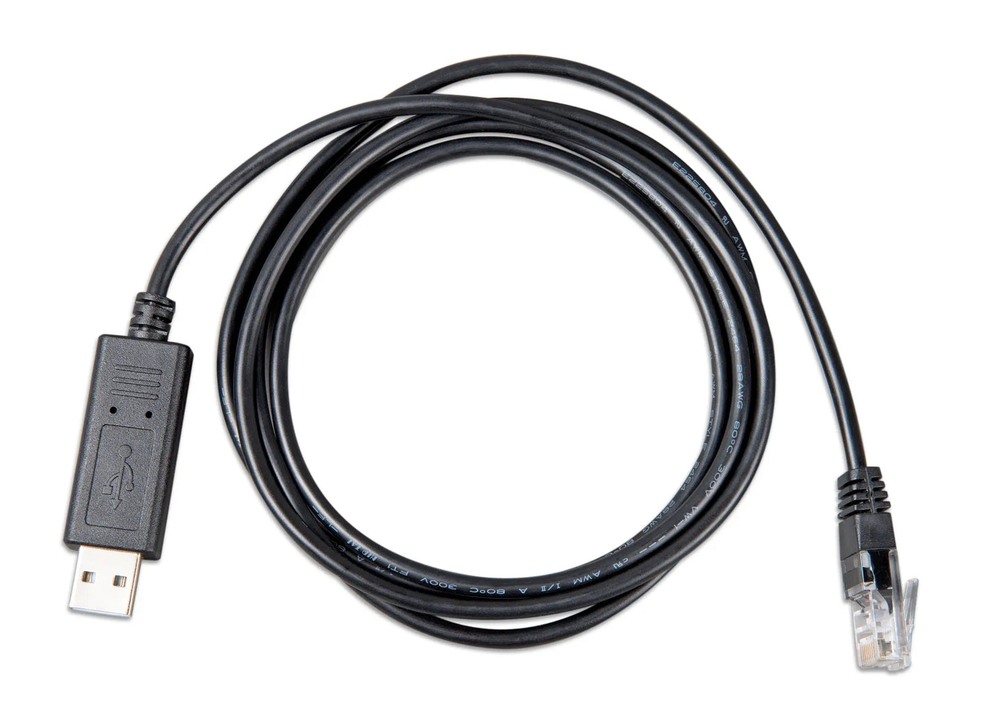 Black USB and Ethernet cable on a white background