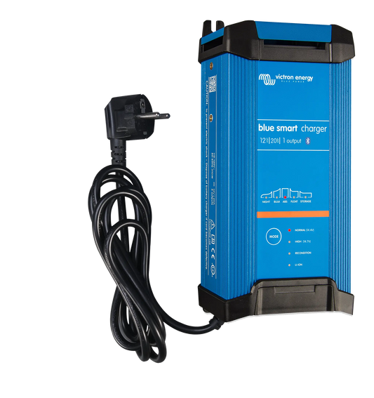 Blue smart charger with power cord on a white background