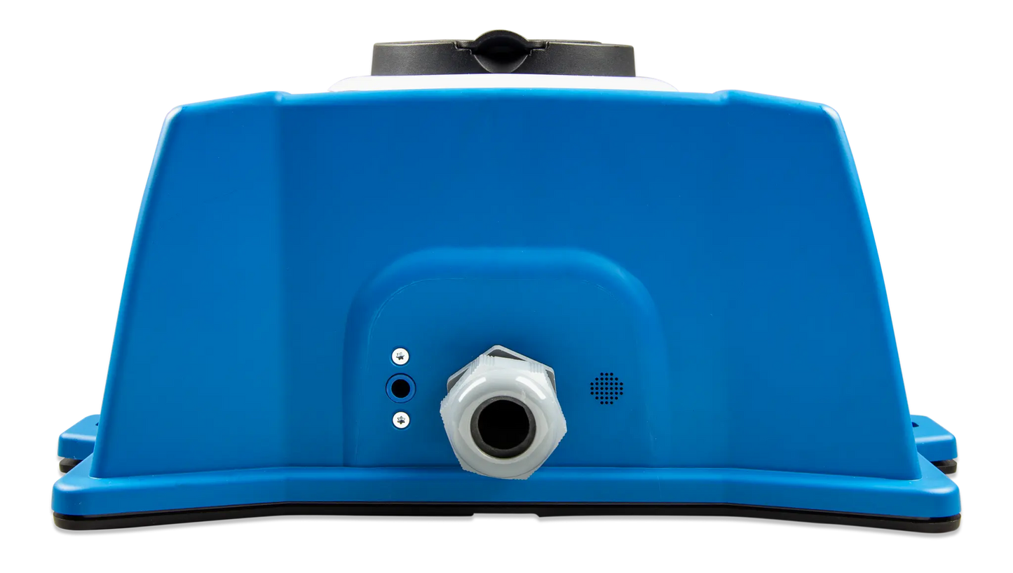 Blue mechanical component with a black valve on a white background