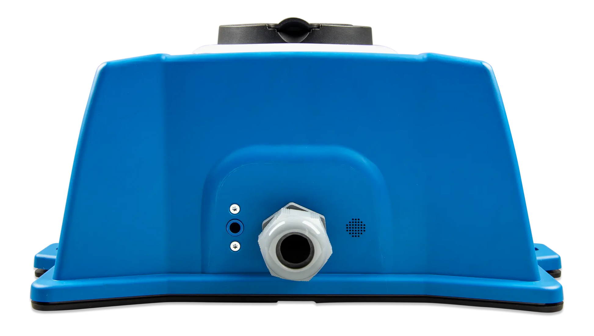 Blue mechanical component with a black valve on a white background