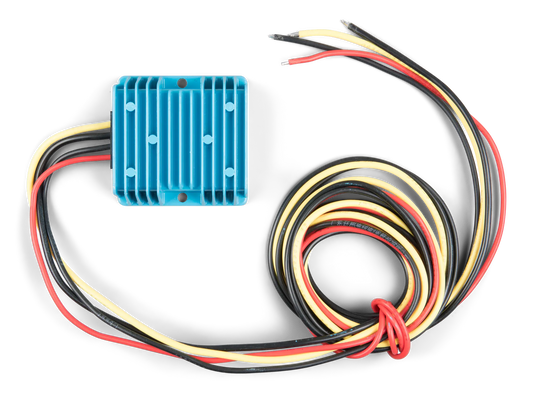 Blue electronic module with wires on a white background