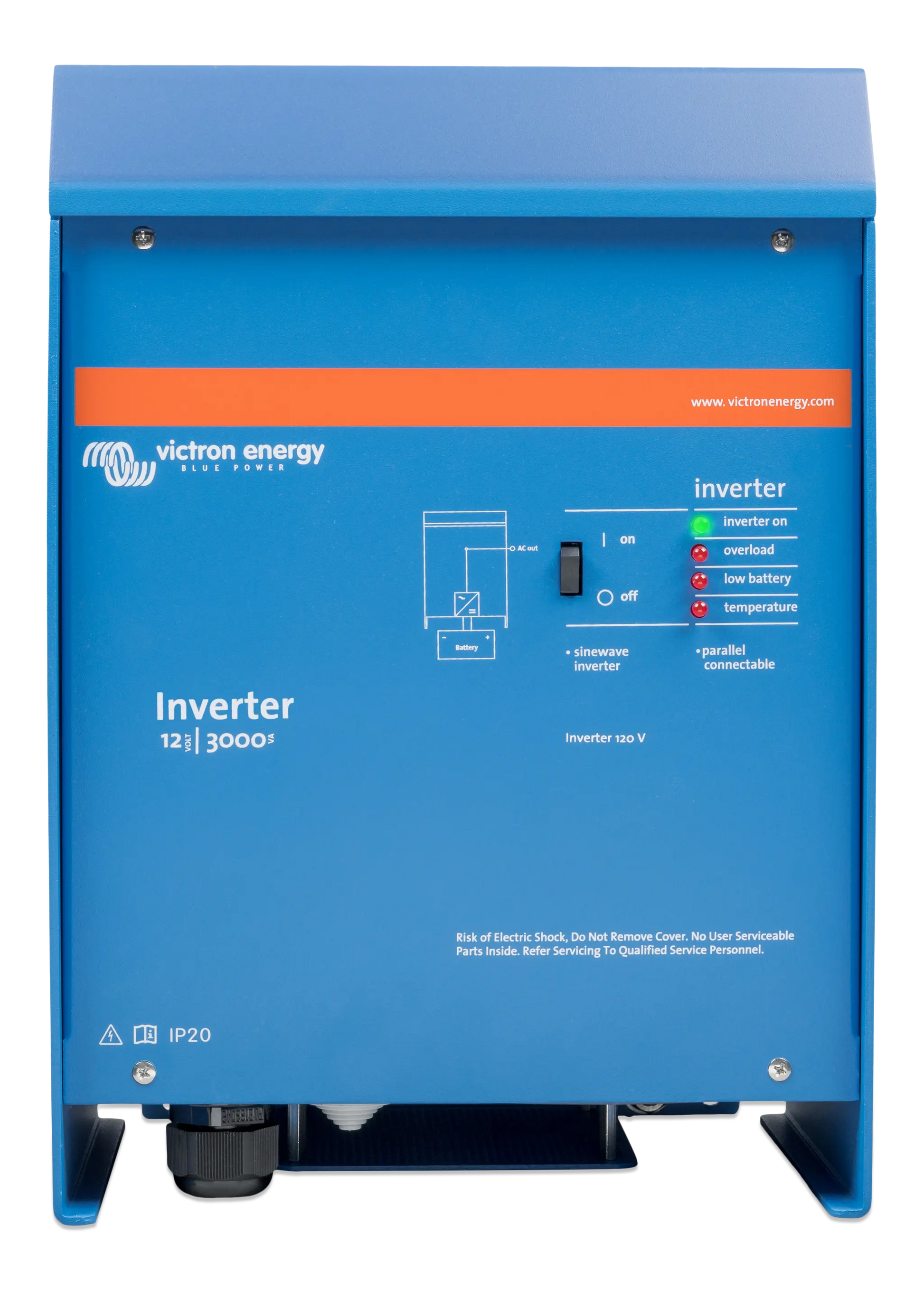 Blue Victron Energy inverter on a white background