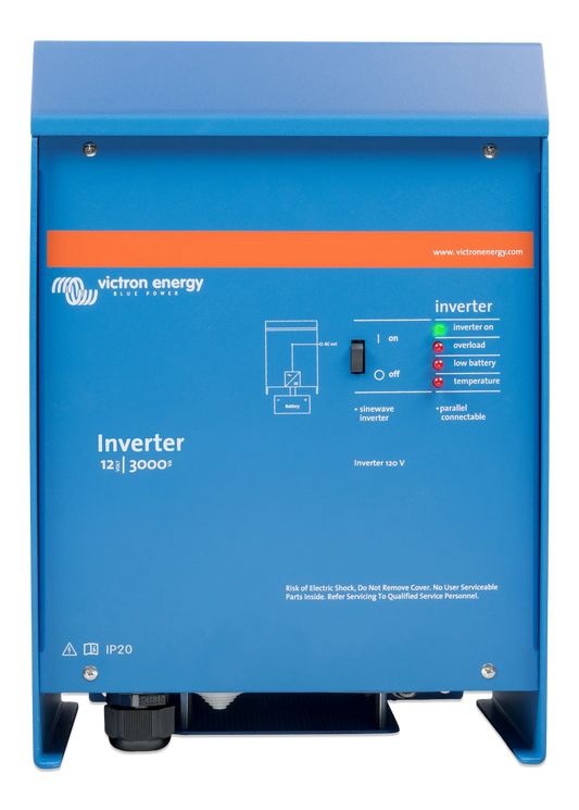 Blue Victron Energy inverter on a white background