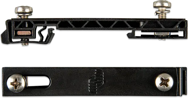 Two black metal brackets with screws on a white background