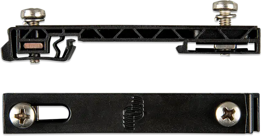 Two black metal brackets with screws on a white background