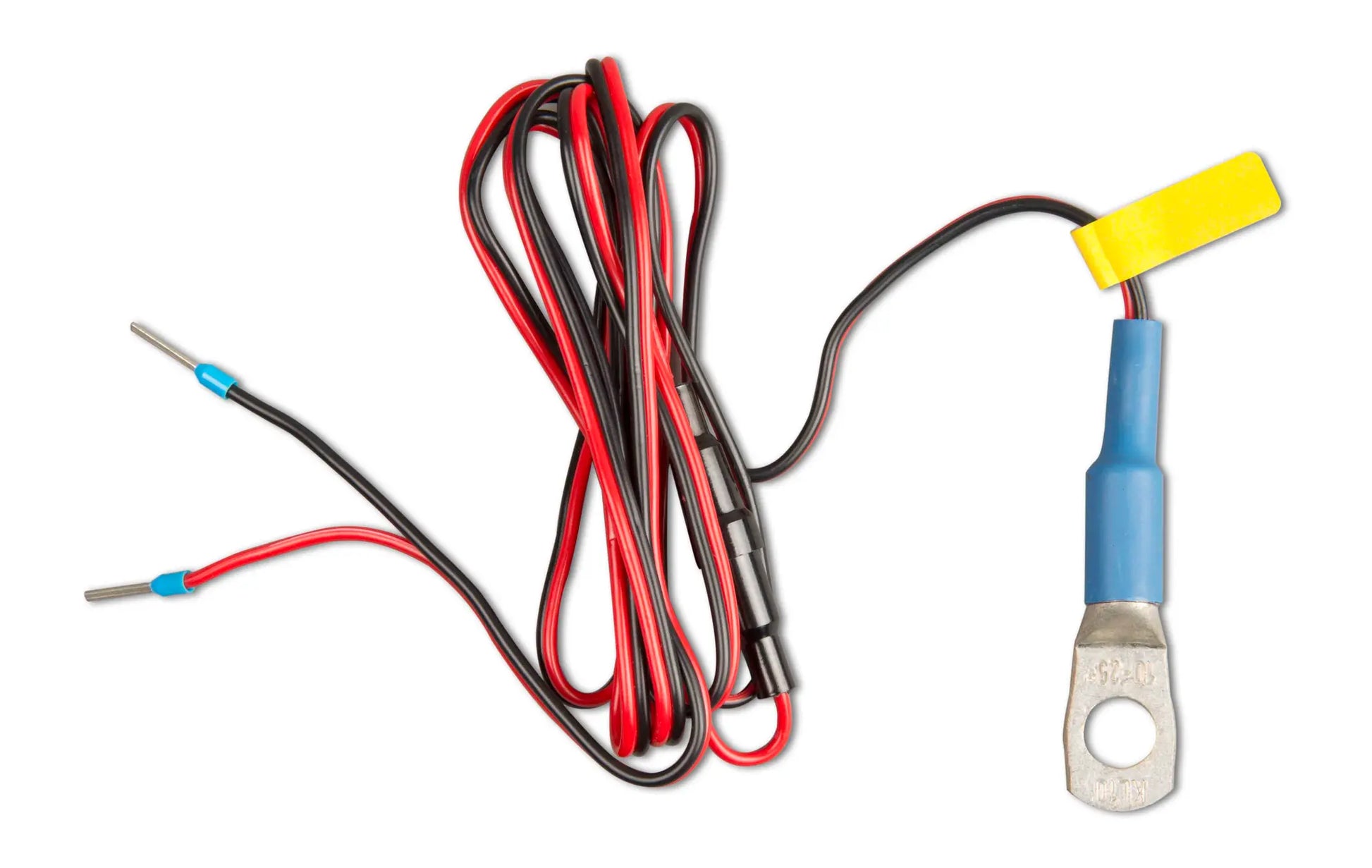 Temperature probe with red and black wires on a white background