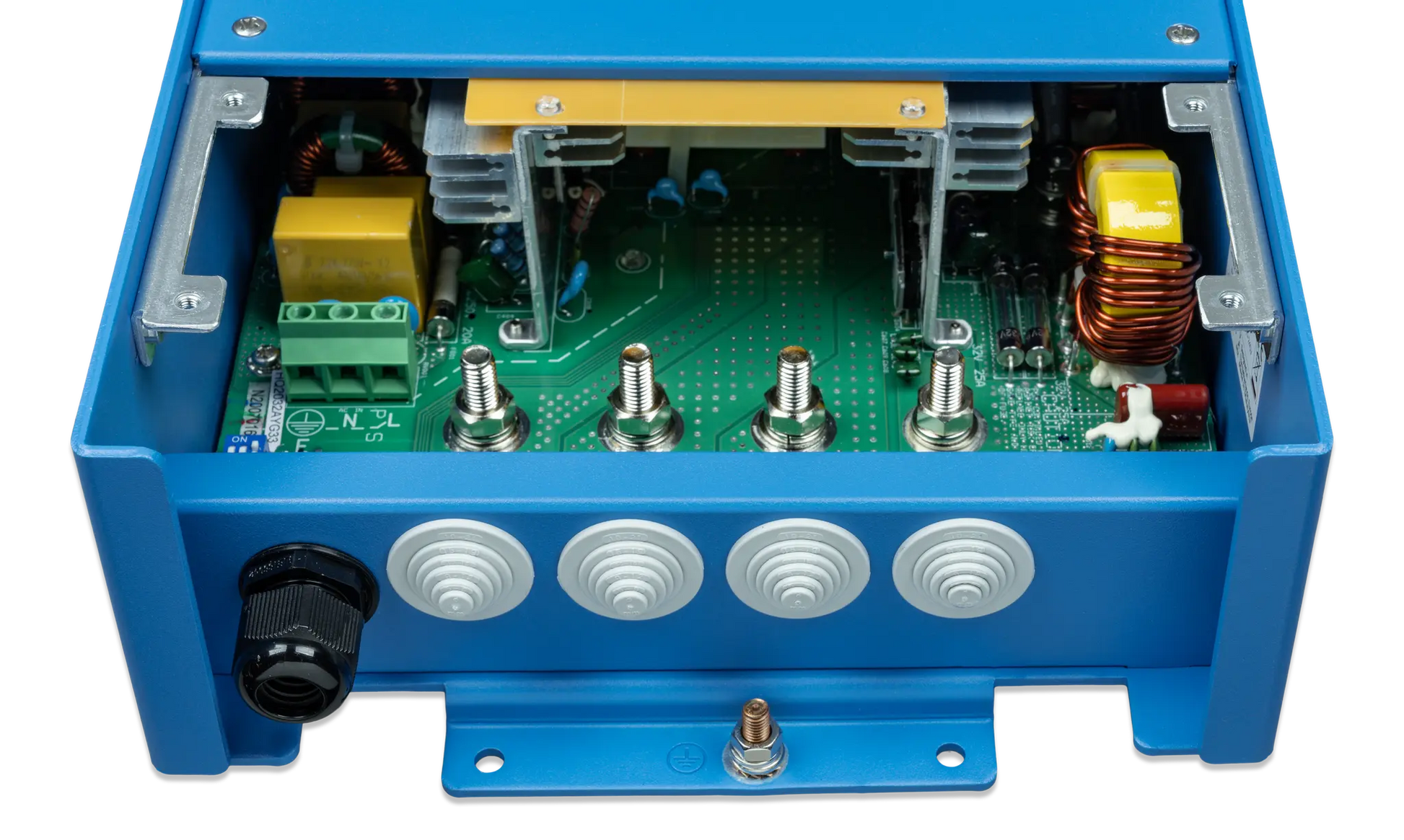 Blue electronic device with circuit board and components on a white background