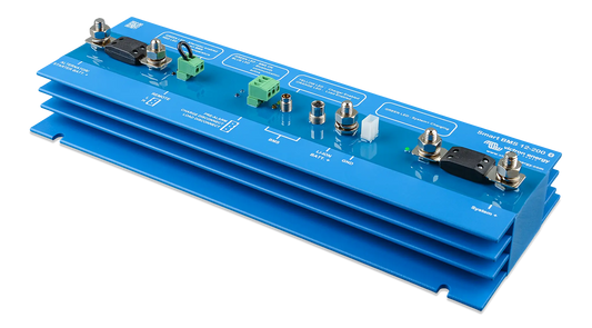 Blue electronic module with various connectors on a white background