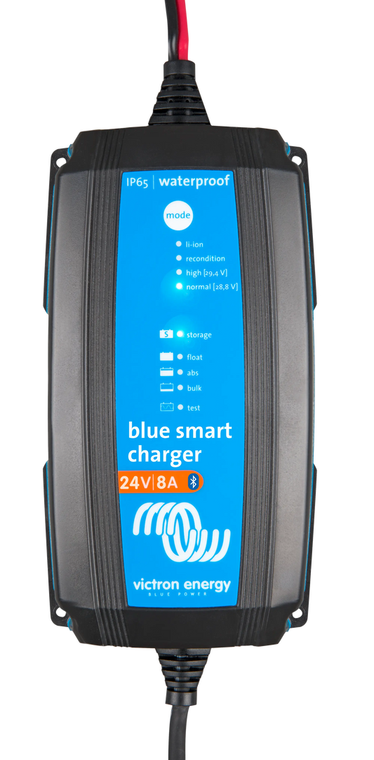 Blue smart charger with Victron Energy branding on a white background