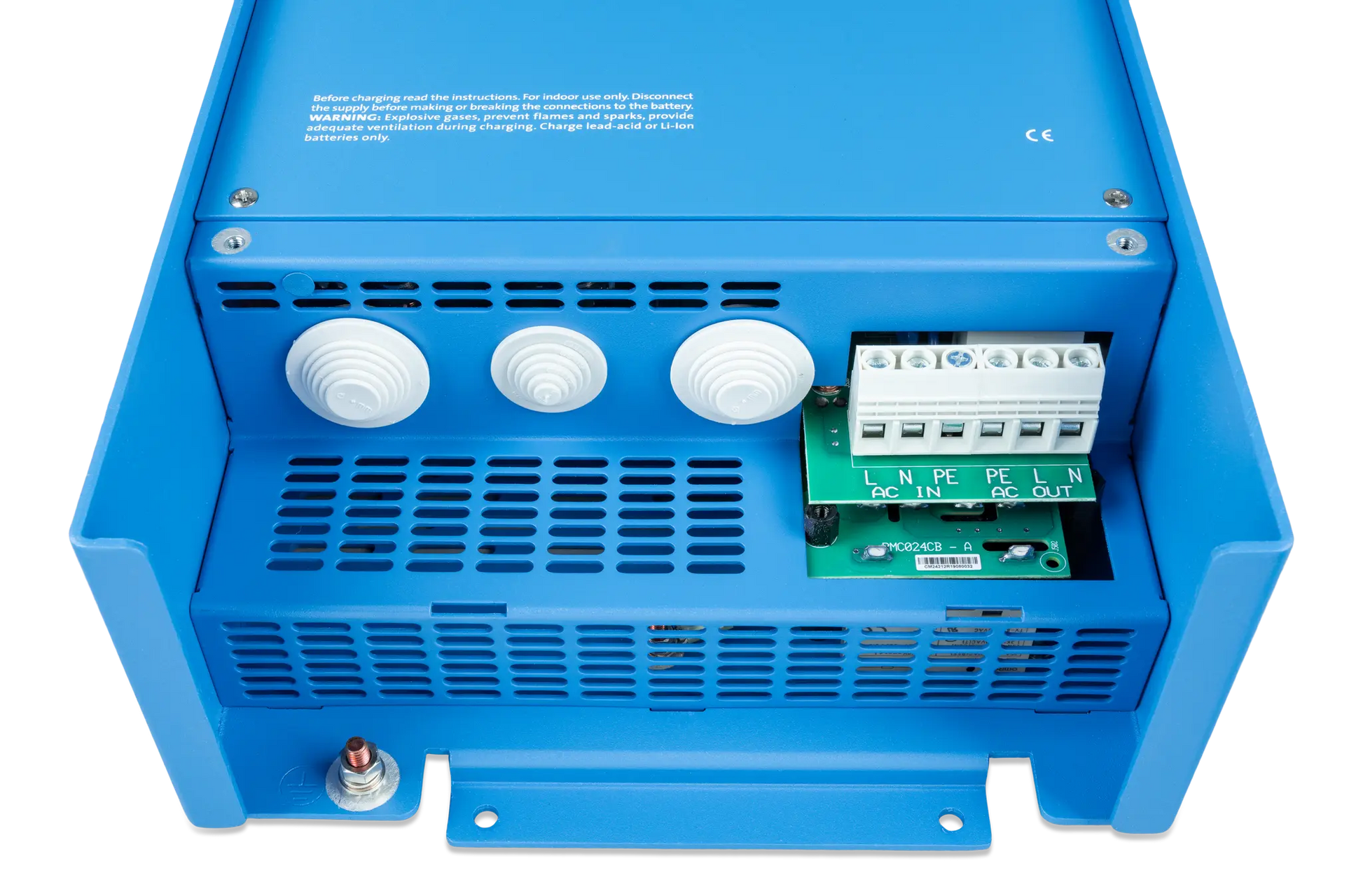 Blue electronic device with white knobs and green circuit board on a white background