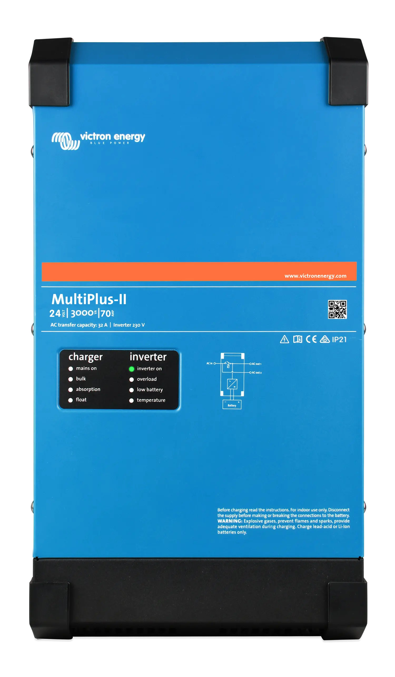 Blue Victron Energy MultiPlus-II charger/inverter on a white background