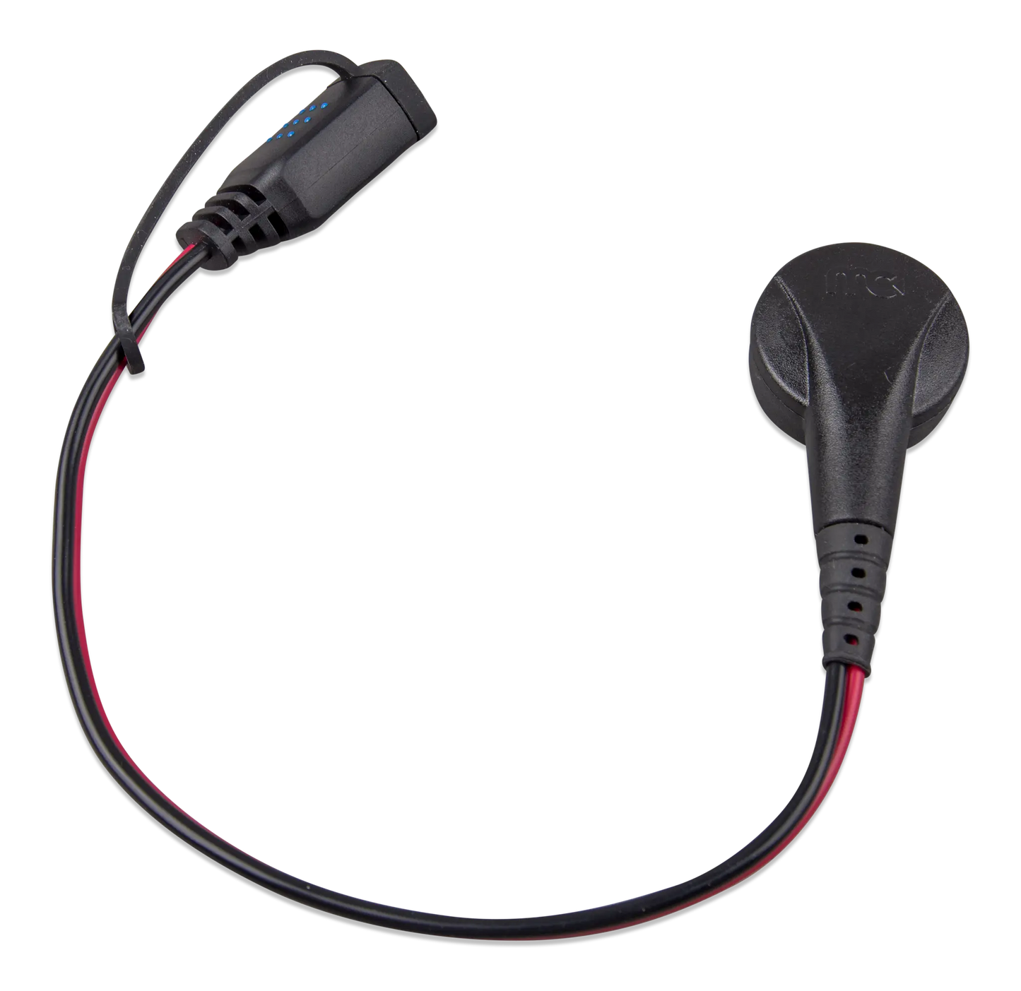 Black electronic device with a cable on a white background