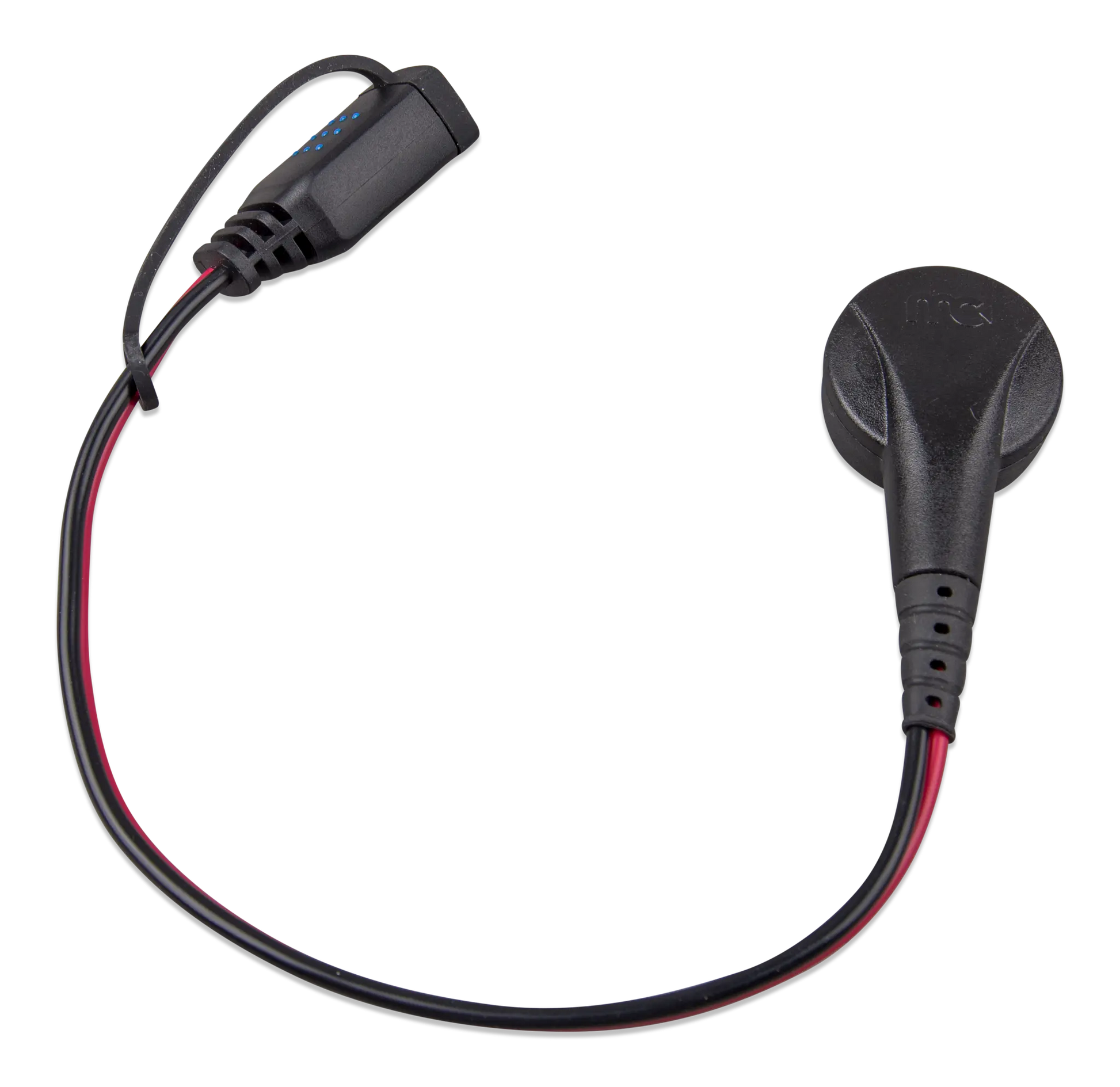 Black electronic device with a cable on a white background