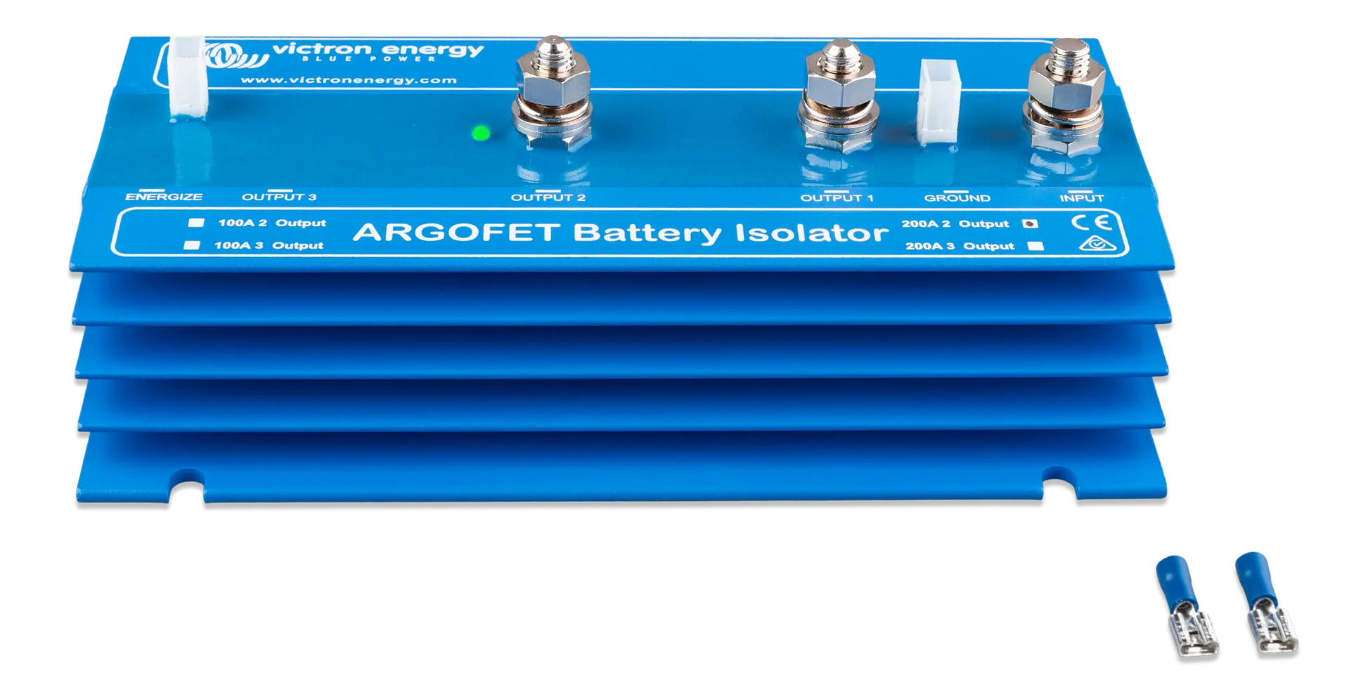 ARGOFET Battery Isolator with blue casing and connectors on a white background