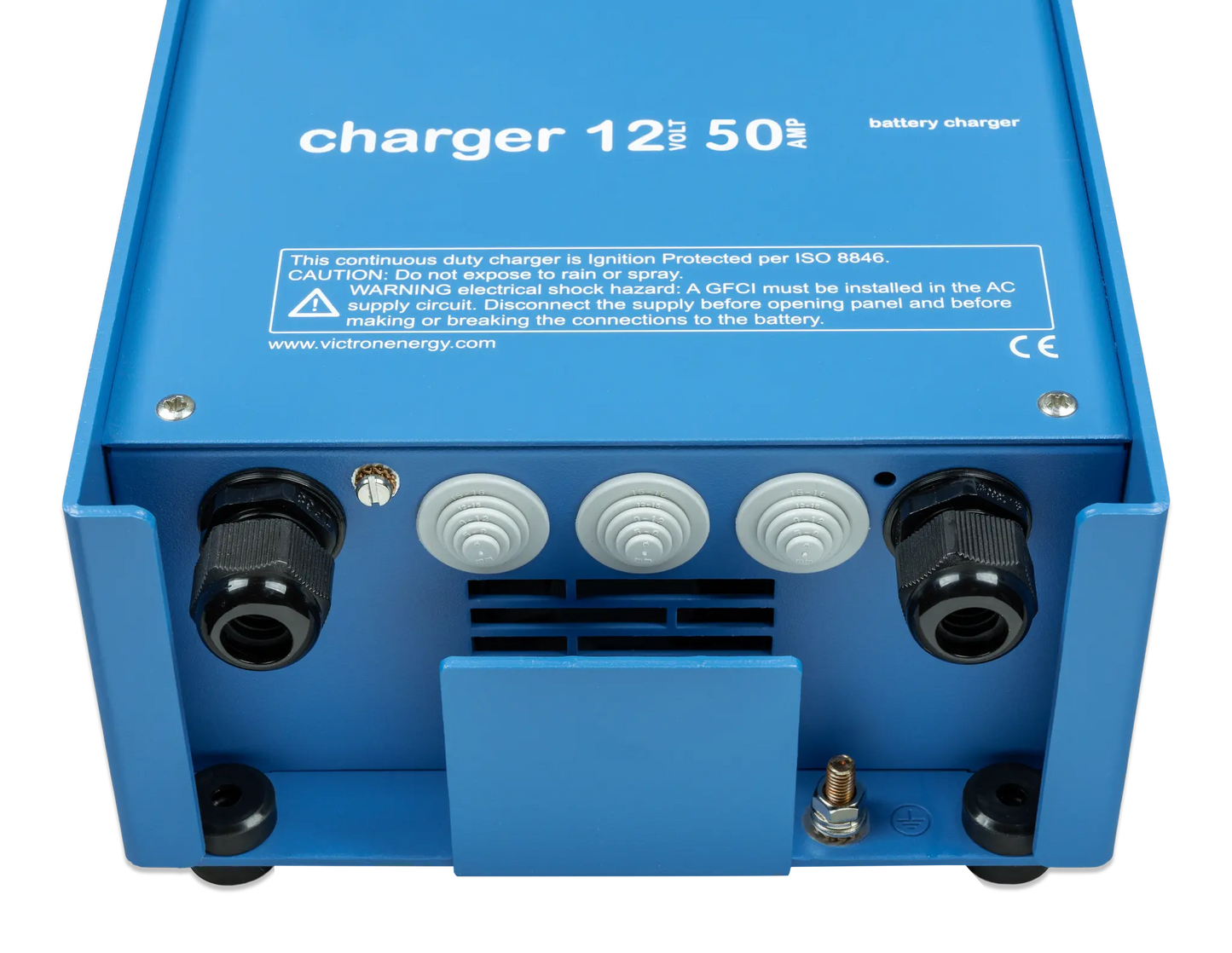 Blue battery charger with text and connectors on a white background