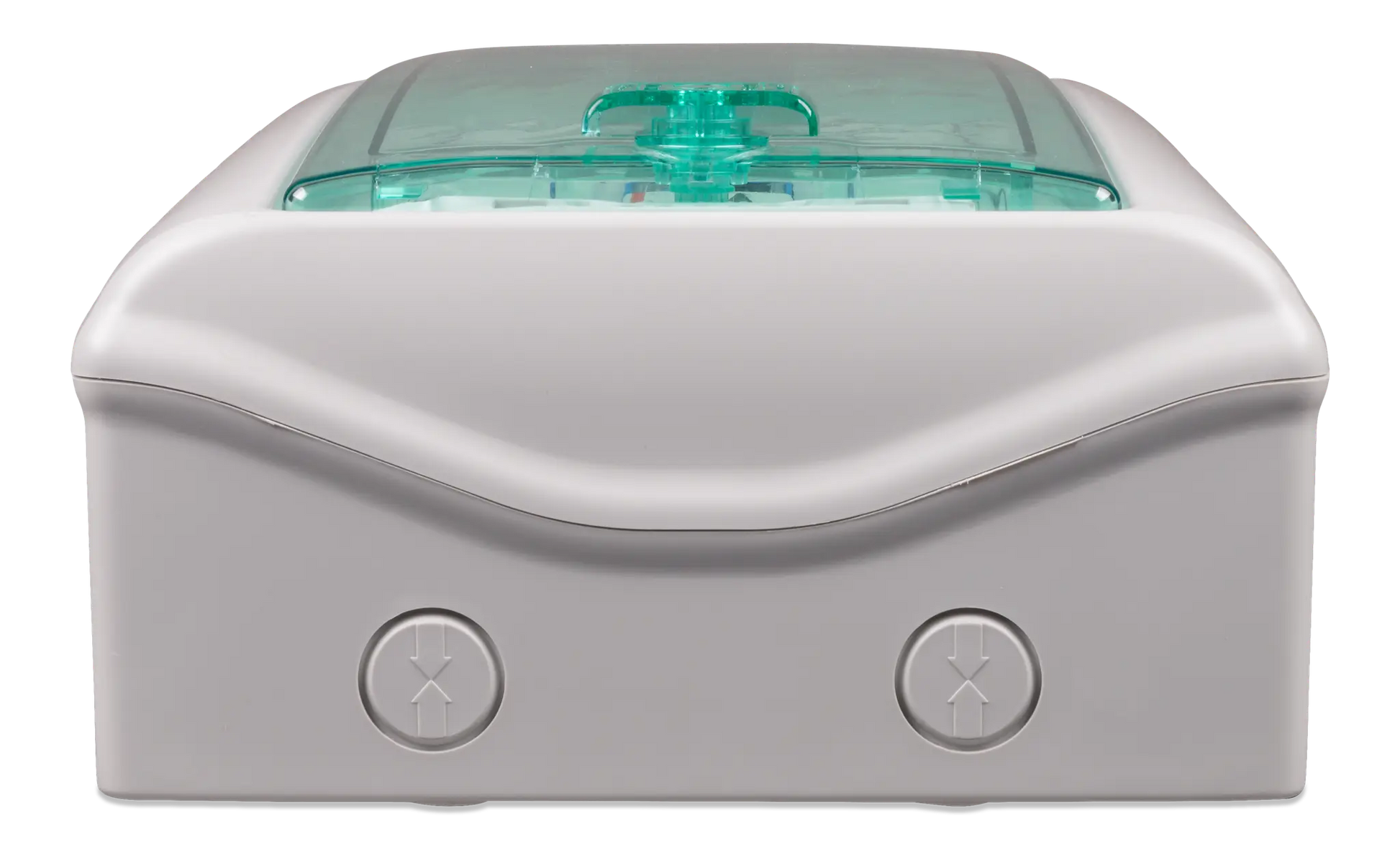 White electronic device with a green light on a white background