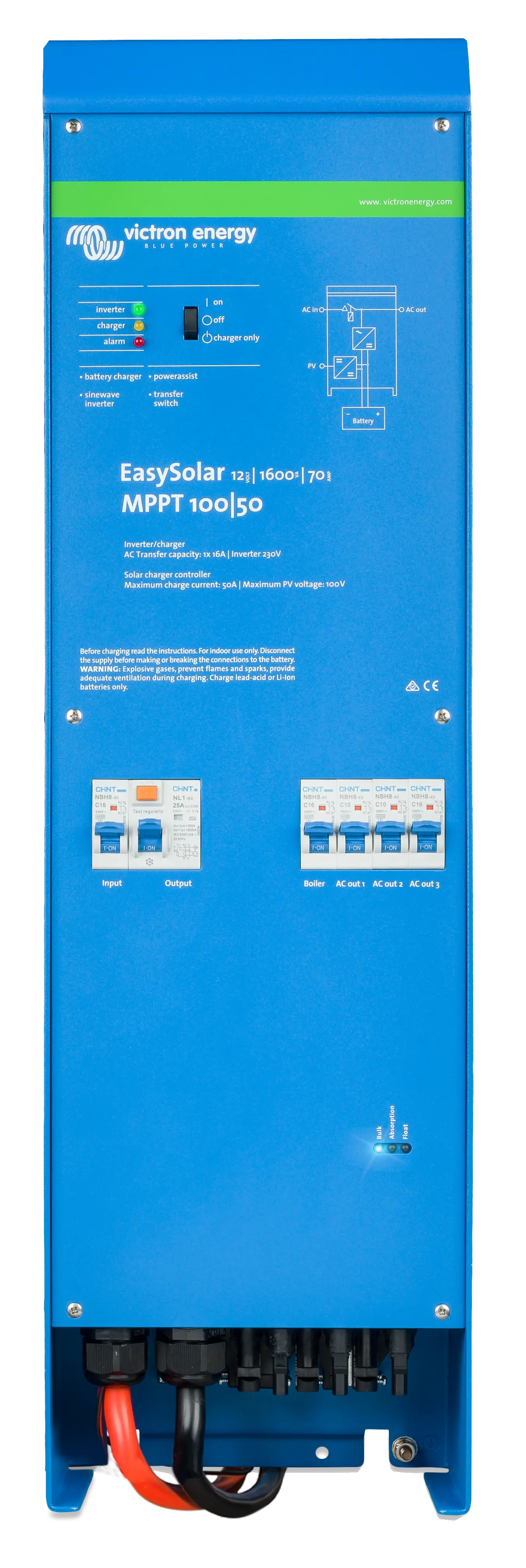 Blue Victron Energy power station with green logo on a white background