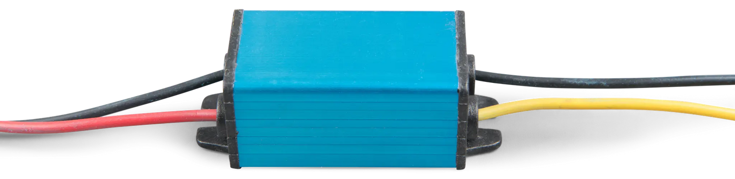 Small electronic component with blue casing and wires on a white background