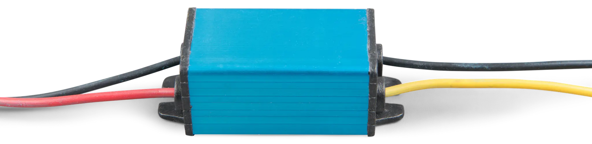 Small electronic component with blue casing and wires on a white background