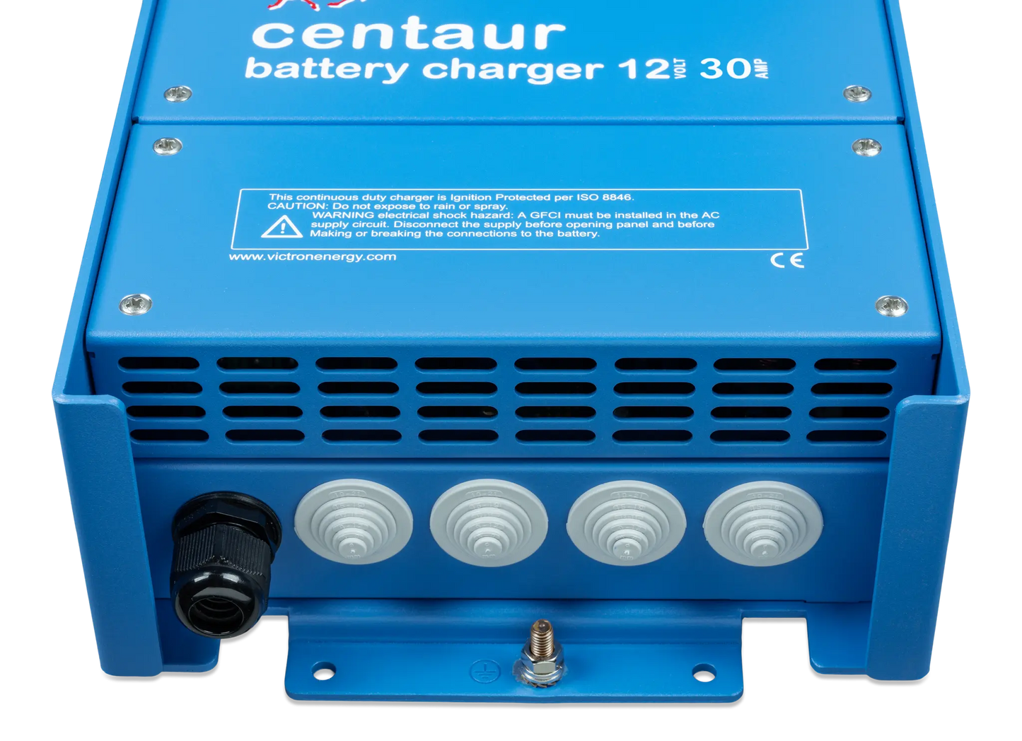 Blue battery charger with 'centaur' branding on a white background