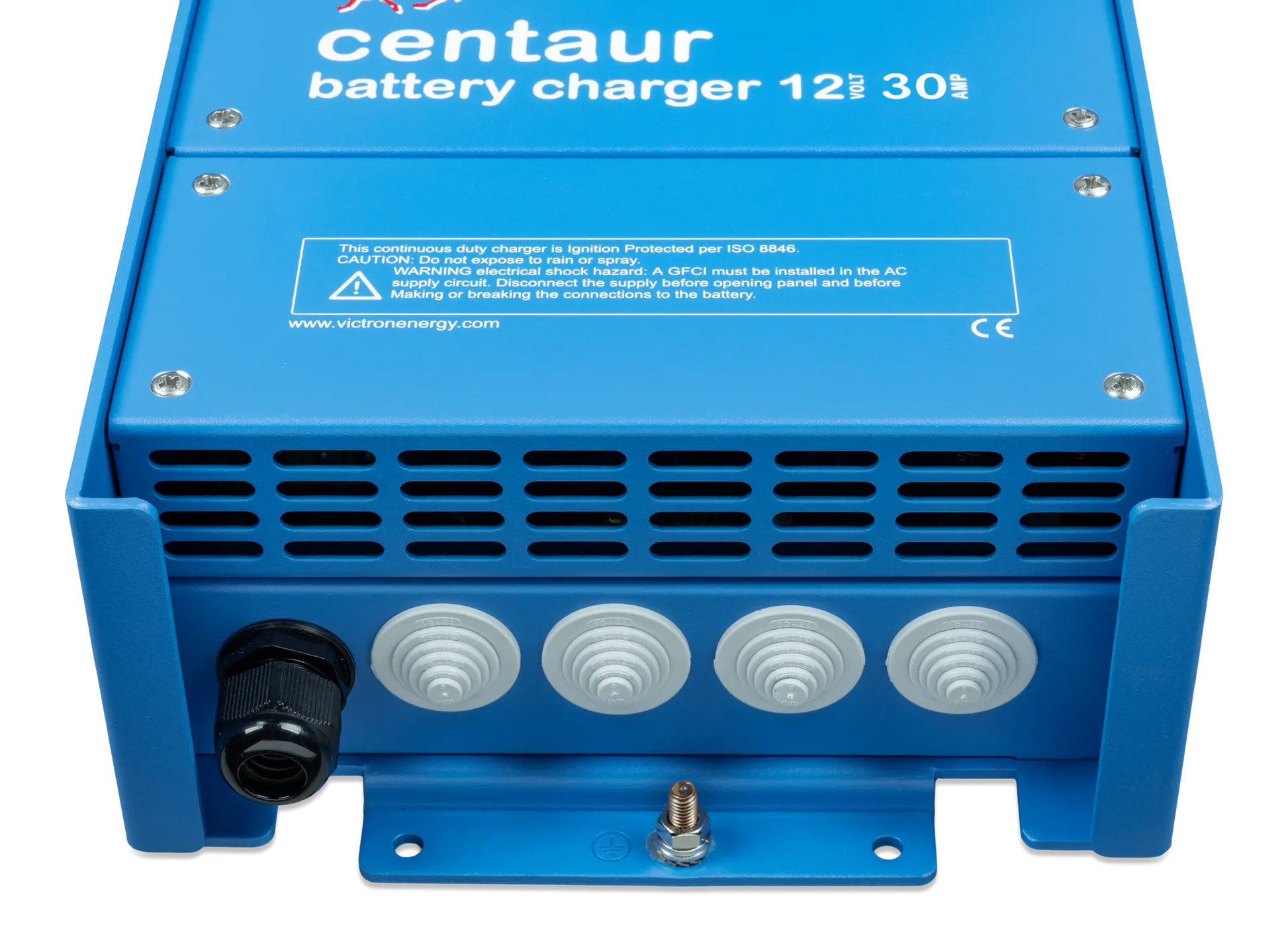 Blue battery charger with 'centaur' branding on a white background