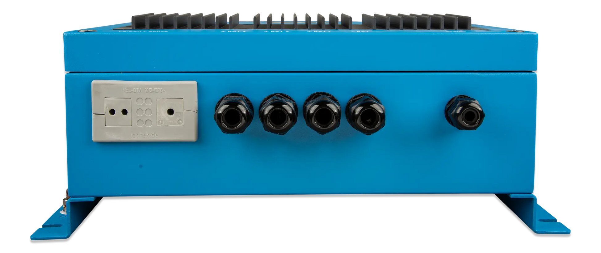 Blue electronic device with control knobs and a power switch on a white background