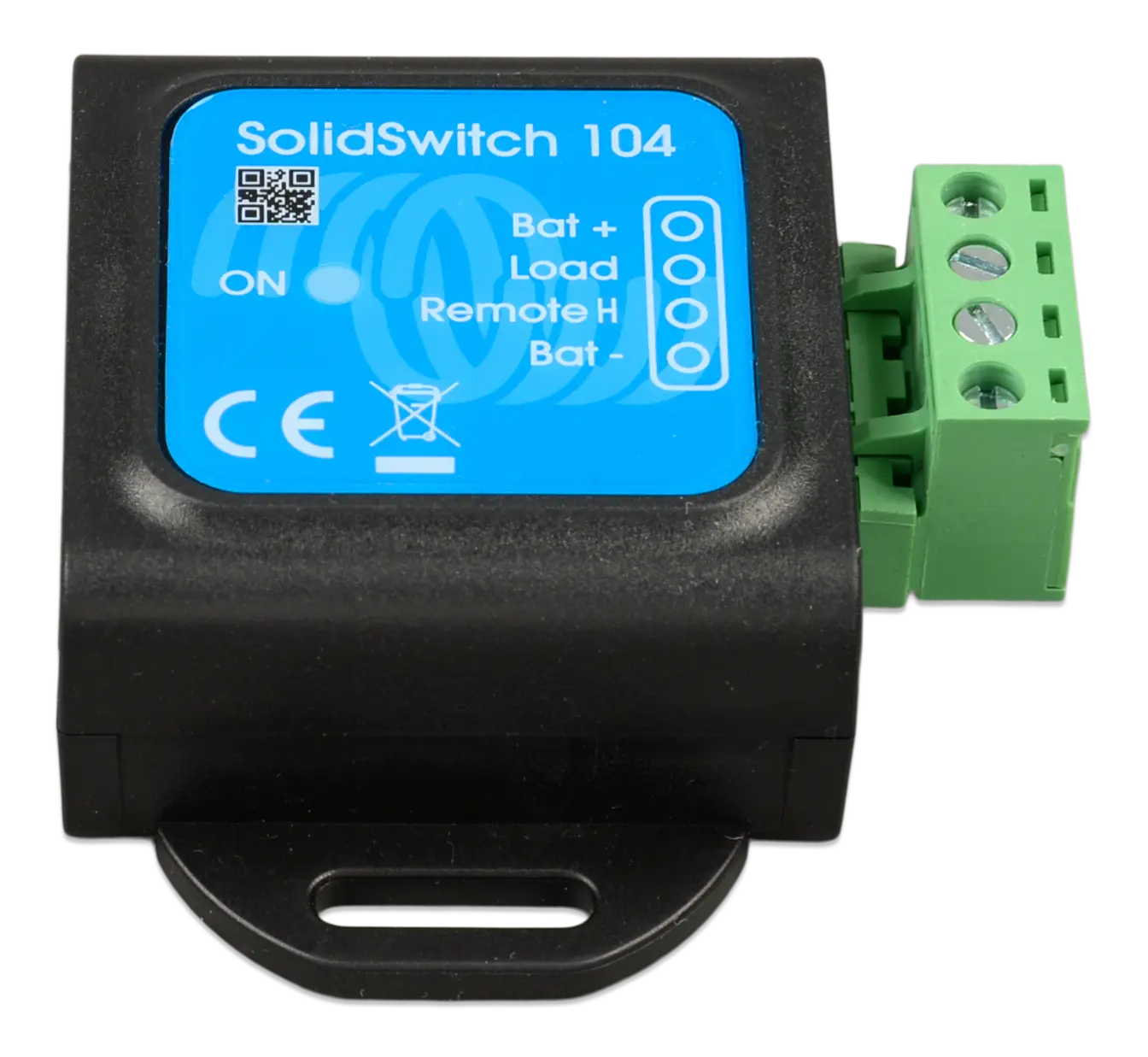 SolidSwitch 104 electronic component with blue display and green connector on a white background