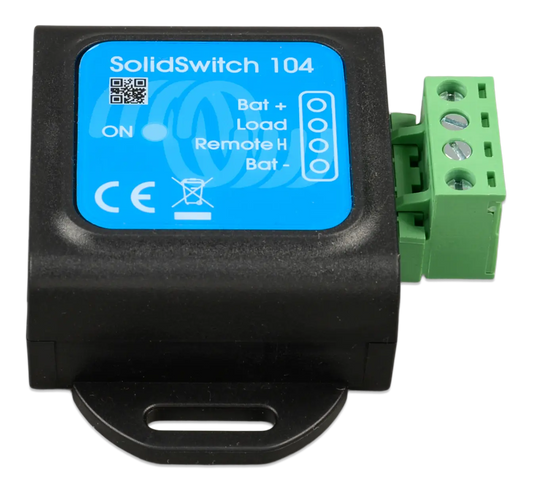 SolidSwitch 104 electronic component with blue display and green connector on a white background