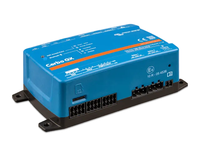 Blue electronic device with 'Cerbo GX' branding on a white background