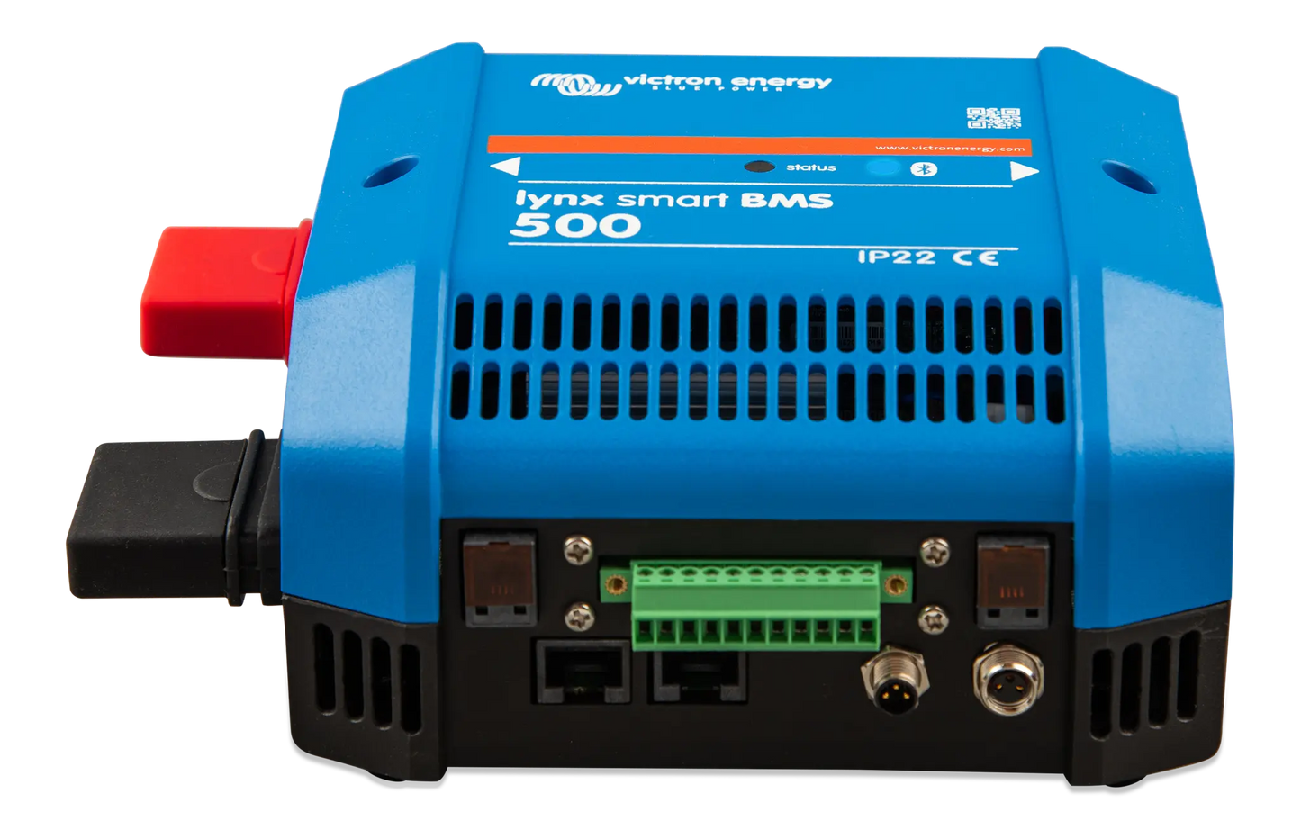 Blue electronic device with red and black connectors on a white background