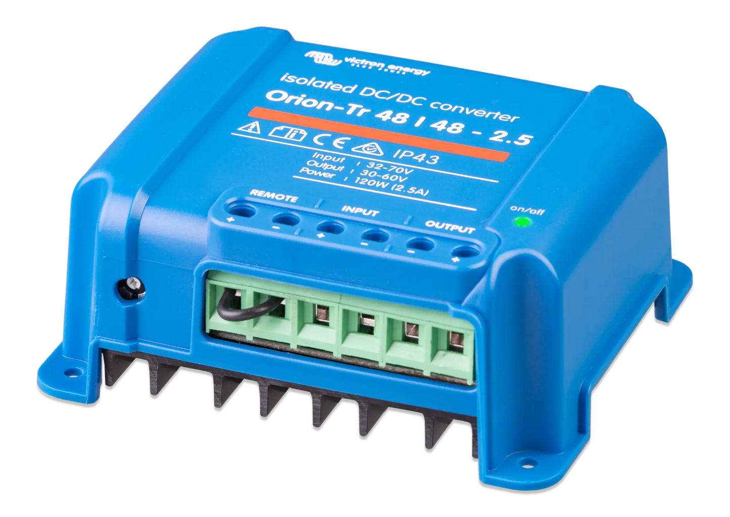 Blue DC/DC converter with labeled specifications on a white background