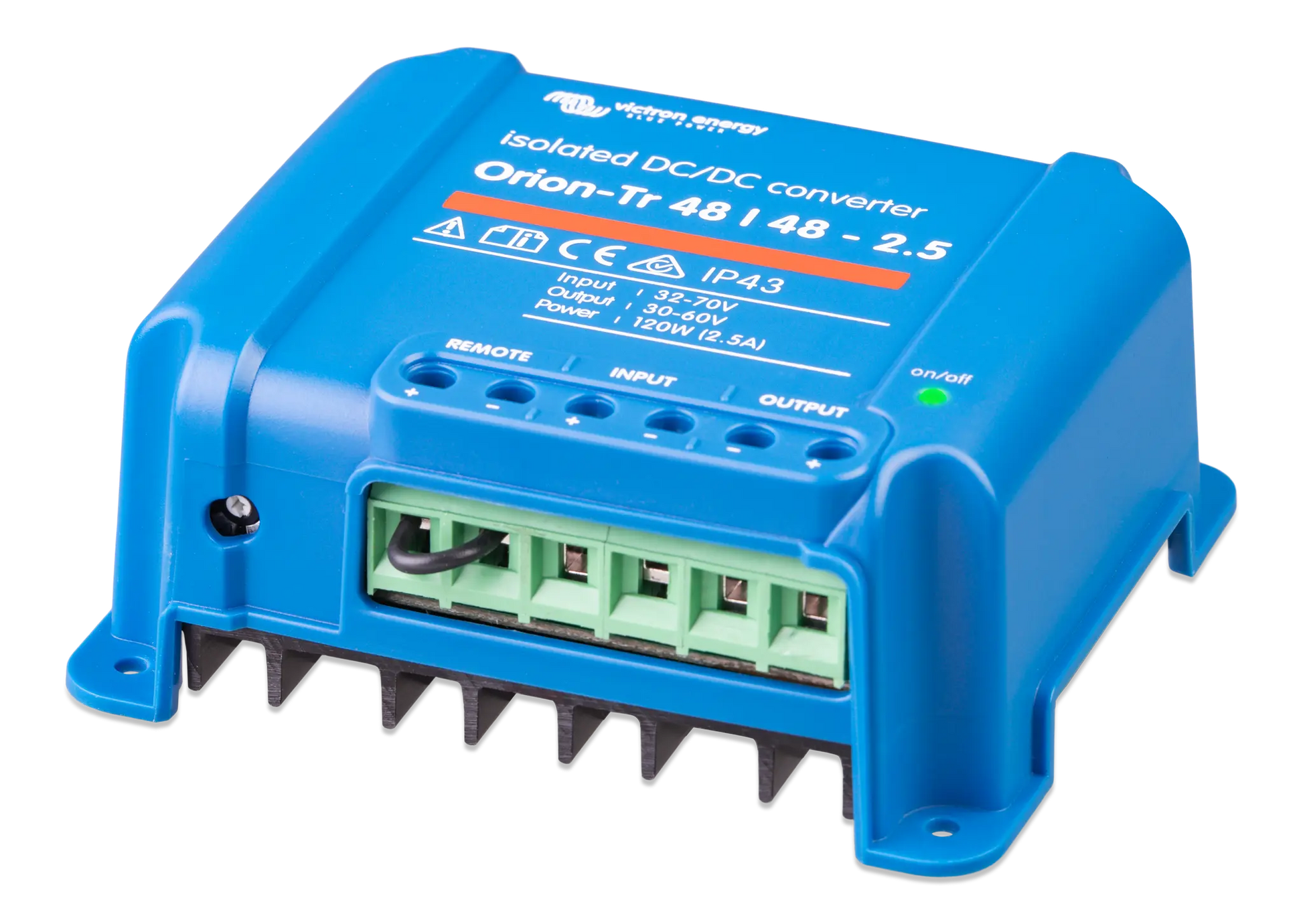 Blue DC/DC converter with labeled specifications on a white background