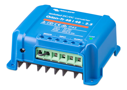 Blue DC/DC converter with labeled specifications on a white background