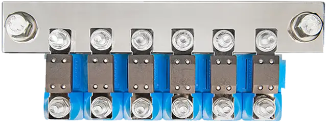 Metal electrical connector with multiple sockets on a blue background
